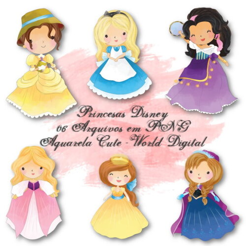 Kit Arquivo Digital em PNG Aquarela Cute Princesas Disney