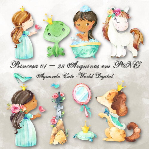 Kit Arquivo Digital em PNG Aquarela Cute Princesa 01