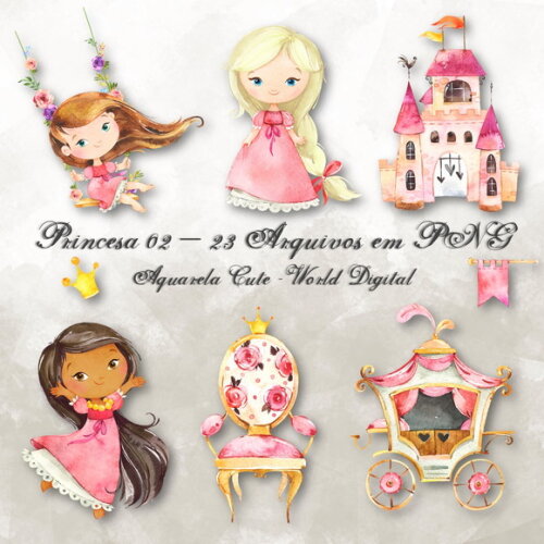 Kit Arquivo Digital em PNG Aquarela Cute Princesa 02