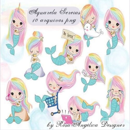 Kit Arquivo Digital em PNG Aquarela Cute Sereias