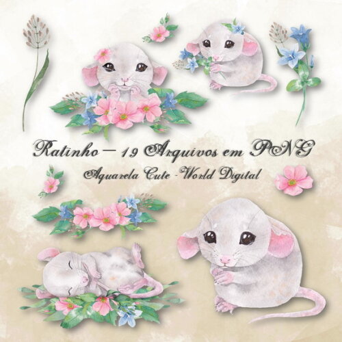 Kit Arquivo Digital em PNG Aquarela Cute Ratinho