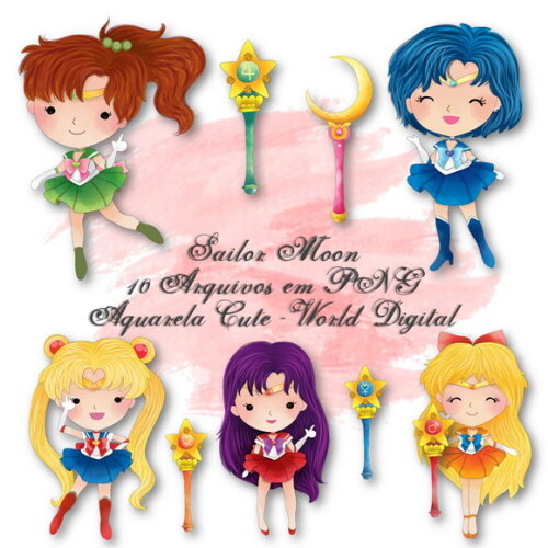 Kit Arquivo Digital em PNG Aquarela Cute Sailor Moon