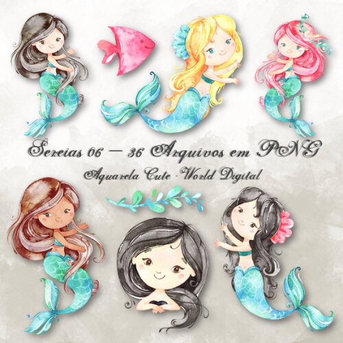 Kit Arquivo Digital em PNG Aquarela Cute Sereias 06