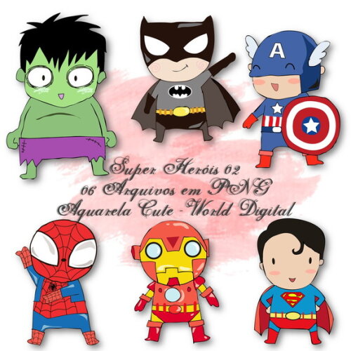 Kit Arquivo Digital em PNG Aquarela Cute Super Heróis 02