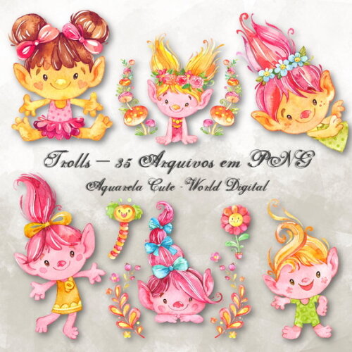 Kit Arquivo Digital em PNG Aquarela Cute Trolls