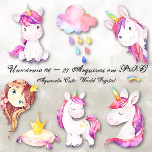 Kit Arquivo Digital em PNG Aquarela Cute Unicórnio 06