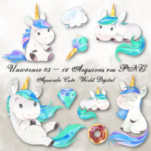 Kit Arquivo Digital em PNG Aquarela Cute Unicórnio 05
