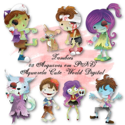 Kit Arquivo Digital em PNG Aquarela Cute Zombies