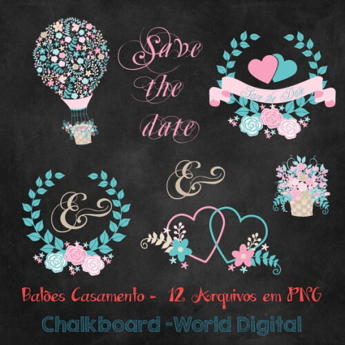 Kit Arquivo Digital em PNG Chalkboard Balões Casamento