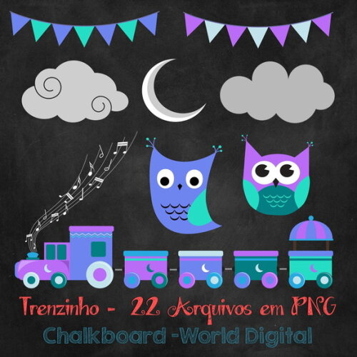 Kit Arquivo Digital em PNG Chalkboard Trenzinho Corujinha