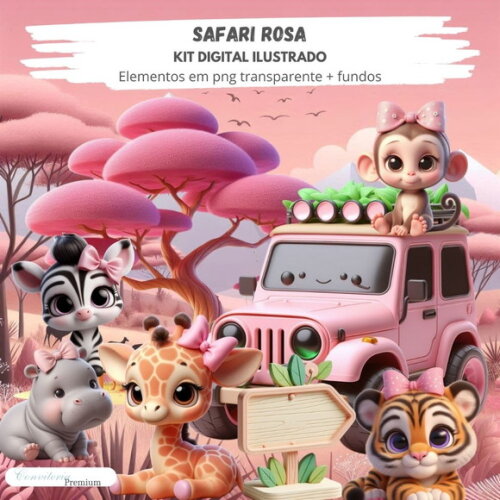 Kit Digital Completo Ia em 3d - Safari Rosa + 1 Brinde