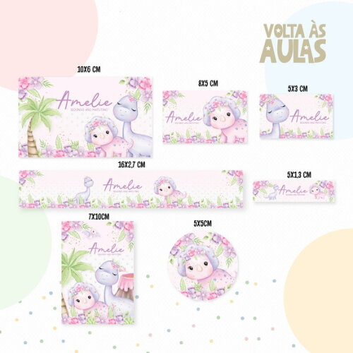 Kit Volta às Aulas Completo com Etiquetas - Dino Menina