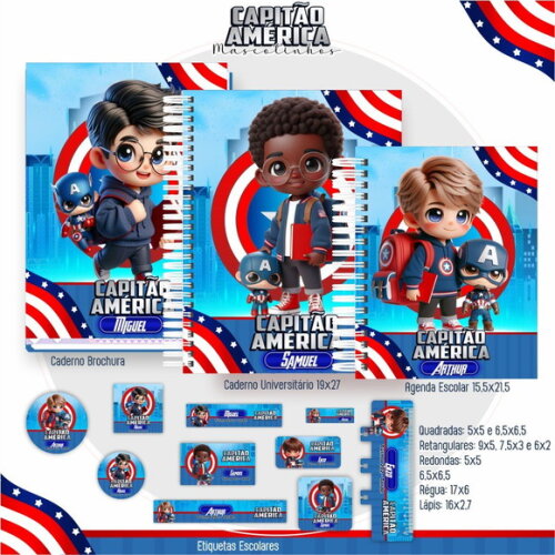 Kit Volta às Aulas Completo Mascote Ia - Capitão América