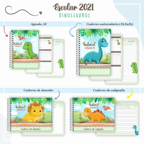 Kit Volta às Aulas Completo PERSONALIZADO - Dinossauros