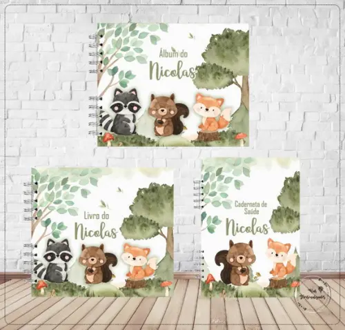 Kit Livro do Bebê , Caderneta de Vacina e Álbum Bosque
