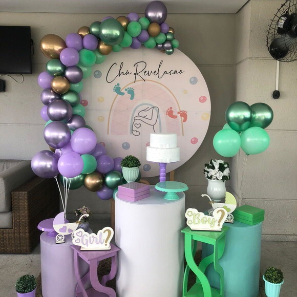 Decoração Chá Revelação Elefantinhos Verde e Lilás - Alugue