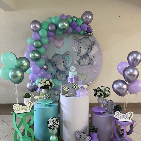 Decoração Chá Revelação Elefantinhos Verde e Lilás - Alugue