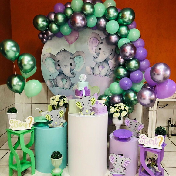 Decoração Chá Revelação Elefantinhos Verde e Lilás - Alugue
