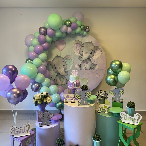 Decoração Chá Revelação Elefantinhos Verde e Lilás - Alugue