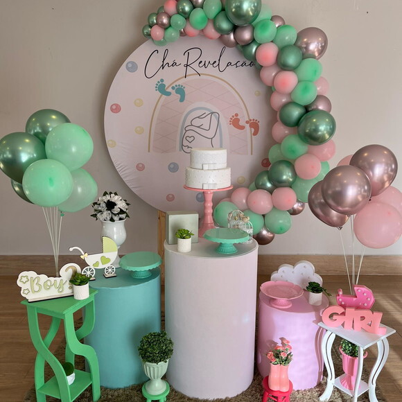 Decoração Chá Revelação Verde e Rosa - Aluguel