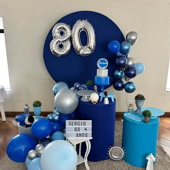Mesa de Decoração Adulto Azul e Prata - Aluguel