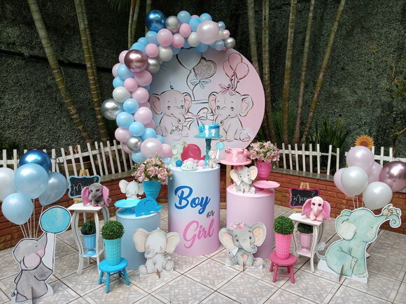 Mesa de Decoração Chá Revelação Elefantinhos - Aluguel