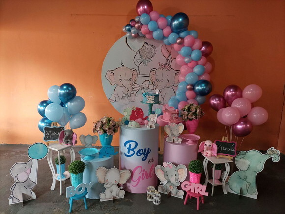 Mesa de Decoração Chá Revelação Elefantinhos - Aluguel