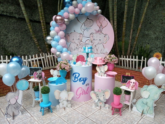 Mesa de Decoração Chá Revelação Elefantinhos - Aluguel