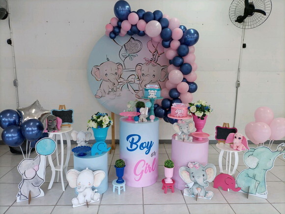 Mesa de Decoração Chá Revelação Elefantinhos - Aluguel