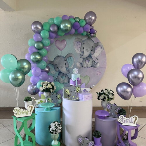 Decoração Chá Revelação Elefantinhos Verde e Lilás - Alugue