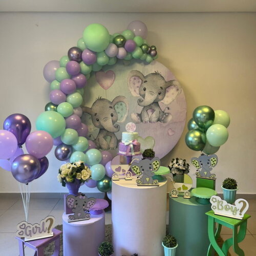 Decoração Chá Revelação Elefantinhos Verde e Lilás - Alugue