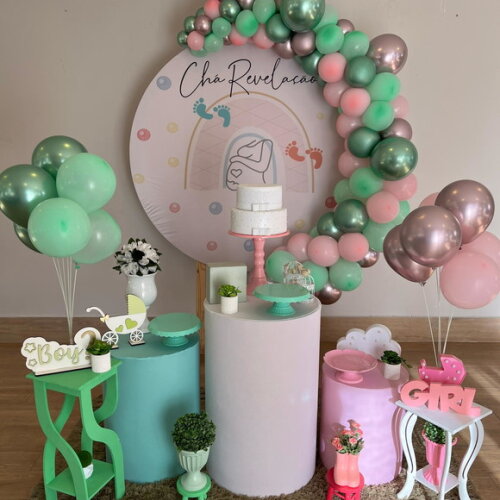 Decoração Chá Revelação Verde e Rosa - Aluguel