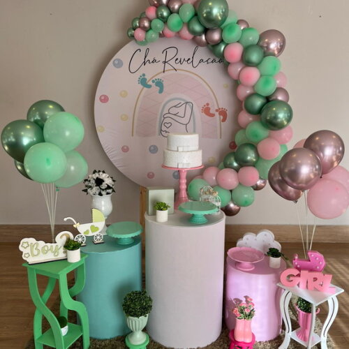 Decoração Chá Revelação Verde e Rosa - Aluguel