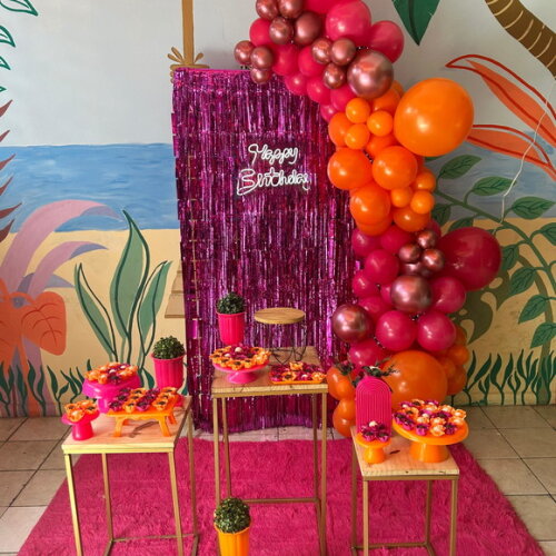 Decoração Happy Birthday Cortina Pink e Laranja -aluguel