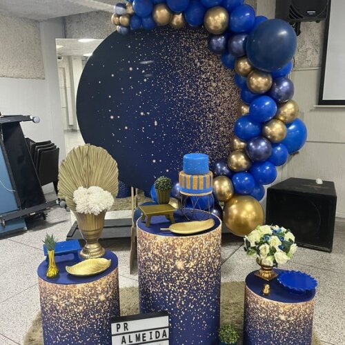 Mesa de Decoração 15 Anos- Glitter/ Azul e Dourado - Aluguel