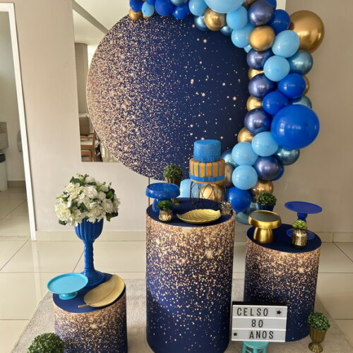 Mesa de Decoração 15 Anos- Glitter/ Azul e Dourado - Aluguel