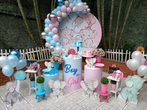 Mesa de Decoração Chá Revelação Elefantinhos - Aluguel