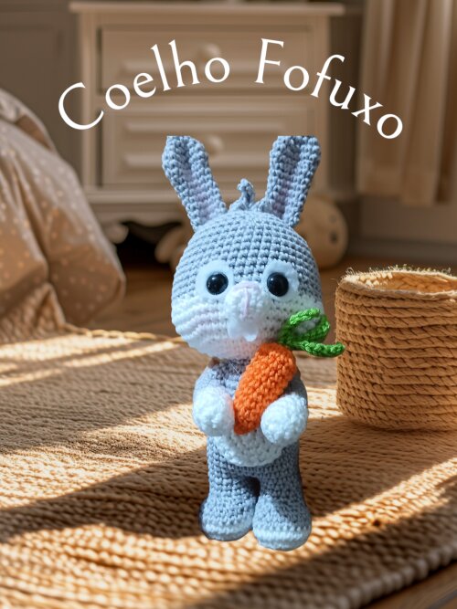 Coelho Fofuxo com Cenoura 22cm Amigurumi - Pronta Entrega