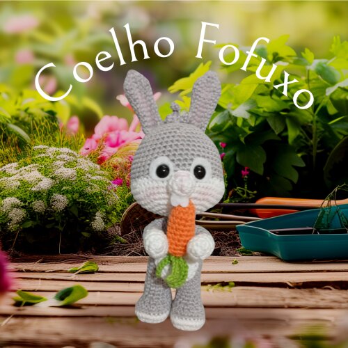 Coelho Fofuxo com Cenoura 22cm Amigurumi - Pronta Entrega