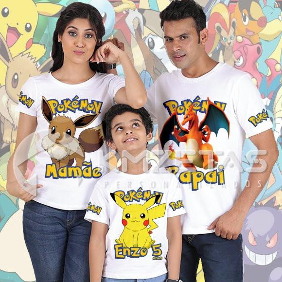 Kit 3 Blusas Pokemon Festa Kit Família Papai Mamãe