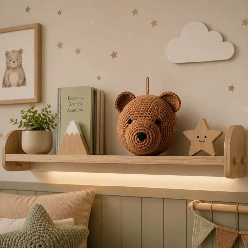 Urso Pardo Em Crochê Para Parede Quarto Infantil 16cm