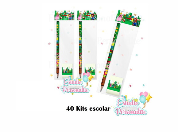 40 Kits Escolar Lápis + Borracha Super Mario