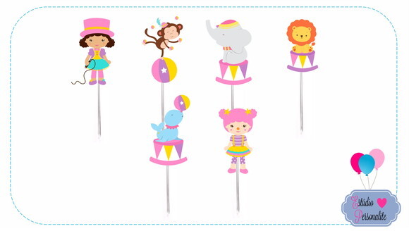 50 Toppers para docinhos Circo Menina
