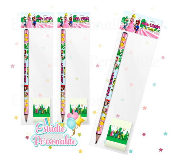 Kit Escolar Lápis + Borracha Super Mario Princesa Peach