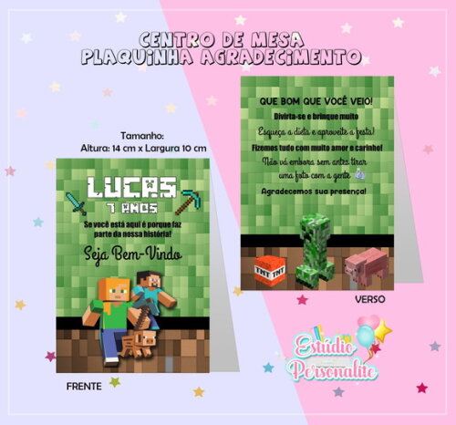 Centro de Mesa Plaquinha Agradecimento Minecraft