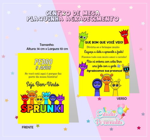 Centro de Mesa Plaquinha Agradecimento Sprunki