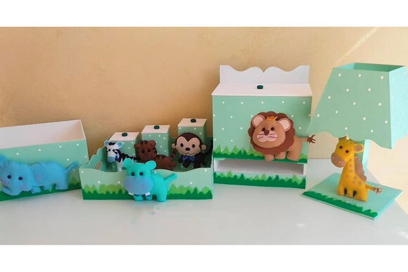 Kit Higiene de mdf com 7 Peças Tema Safari