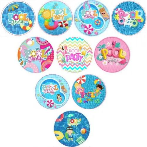 Adesivos Kit 100 Selos Pool Party 4cm x 4cm com Recorte