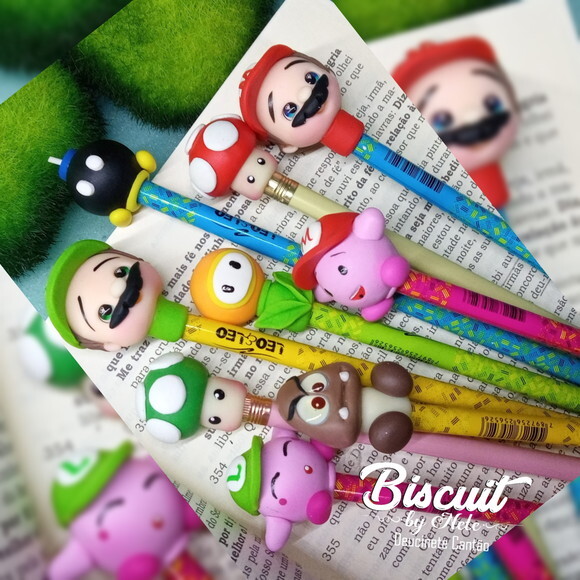 Ponteira de Lápis Turma do Mário Bros em Biscuit.