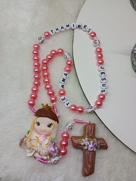 Terço de Nossa Senhora de Nazaré Rosa em Biscuit com Nome